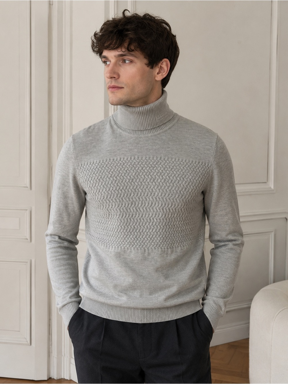 HUGO Boss Gray Virgin Wool Cotton Textured Turtleneck Sweater Men Small Preppy